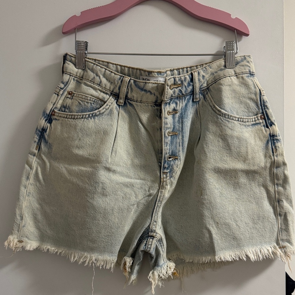 Zara Light Blue High Waist Frayed Denim Shorts